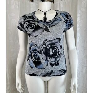 Philosophy Republic Floral Rose Print Semi Sheer Top Medium Gray Black Blue knit